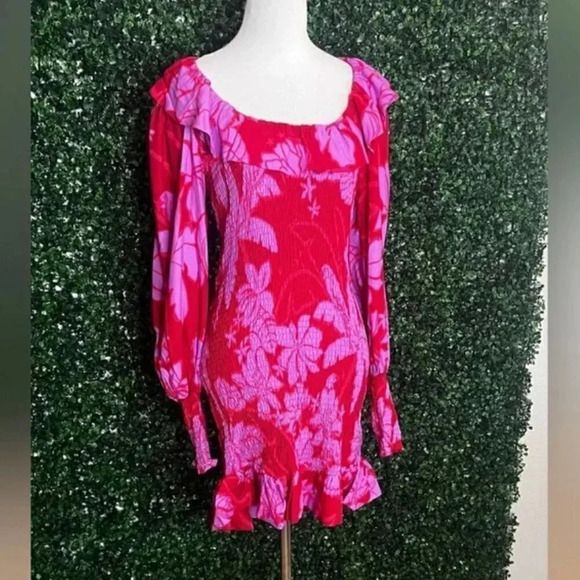 NWT FARM RIO Living Nature Red Pink Burgundy Floral Smocked Mini Dress Size XS - Picture 9 of 9